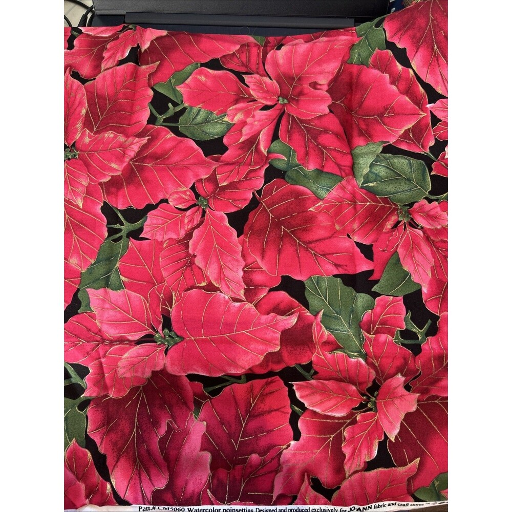 JoAnn Christmas Holiday Poinsettias on Black Cotton Quilting Fabrics 36" X 44"